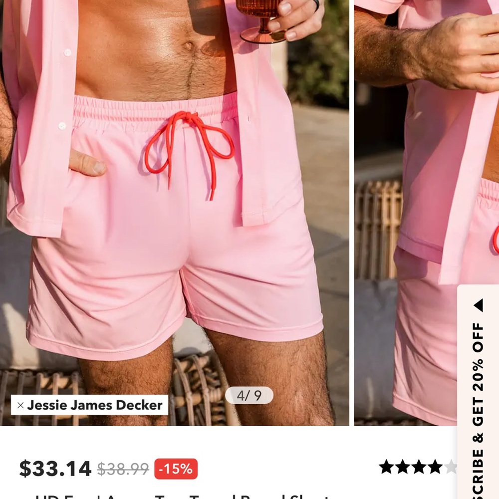Pink Men’s Shorts with Red Drawstring - Picture 3 of 4